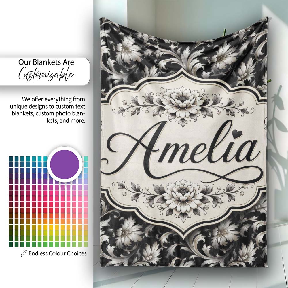Luxury Black and Silver Floral Baroque Seamless Pattern Lovely  Personalised Custom Name Super Soft Fleece Blanket Bed Sofa Throw