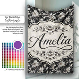 Luxury Black and Silver Floral Baroque Seamless Pattern Lovely  Personalised Custom Name Super Soft Fleece Blanket Bed Sofa Throw