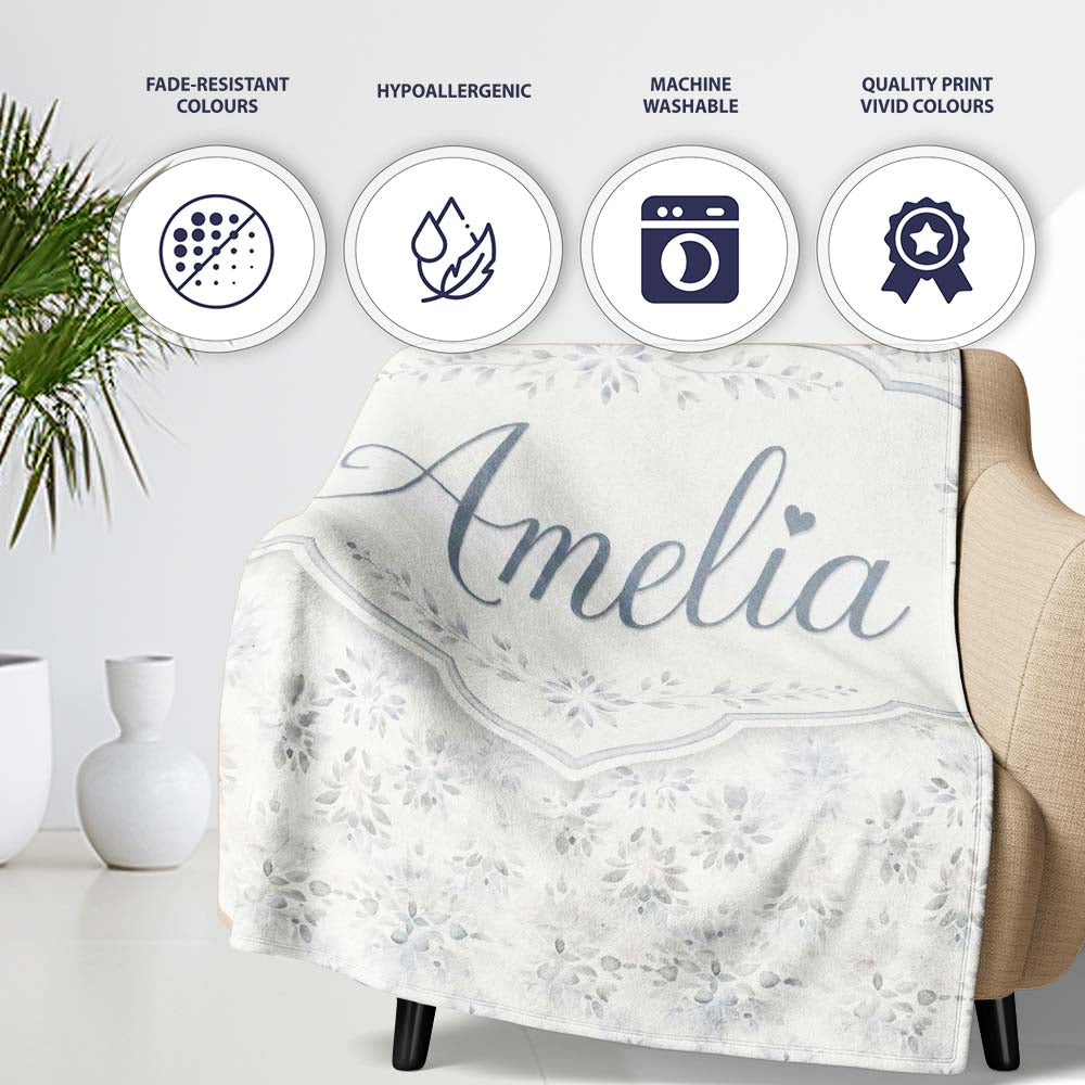 Minimal Soft Grey Botanical Floral Repeat Seamless Pattern Lovely  Personalised Custom Name Super Soft Fleece Blanket Bed Sofa Throw