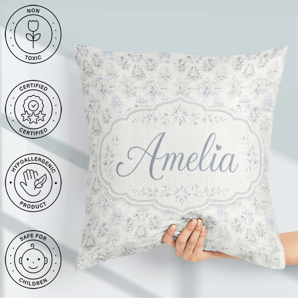 Custom Name Minimal Soft Grey Botanical Floral Seamless Pattern Square Filled Cushion Throw Pillow Sofa Bed Home Decor Zip Washable UK Made