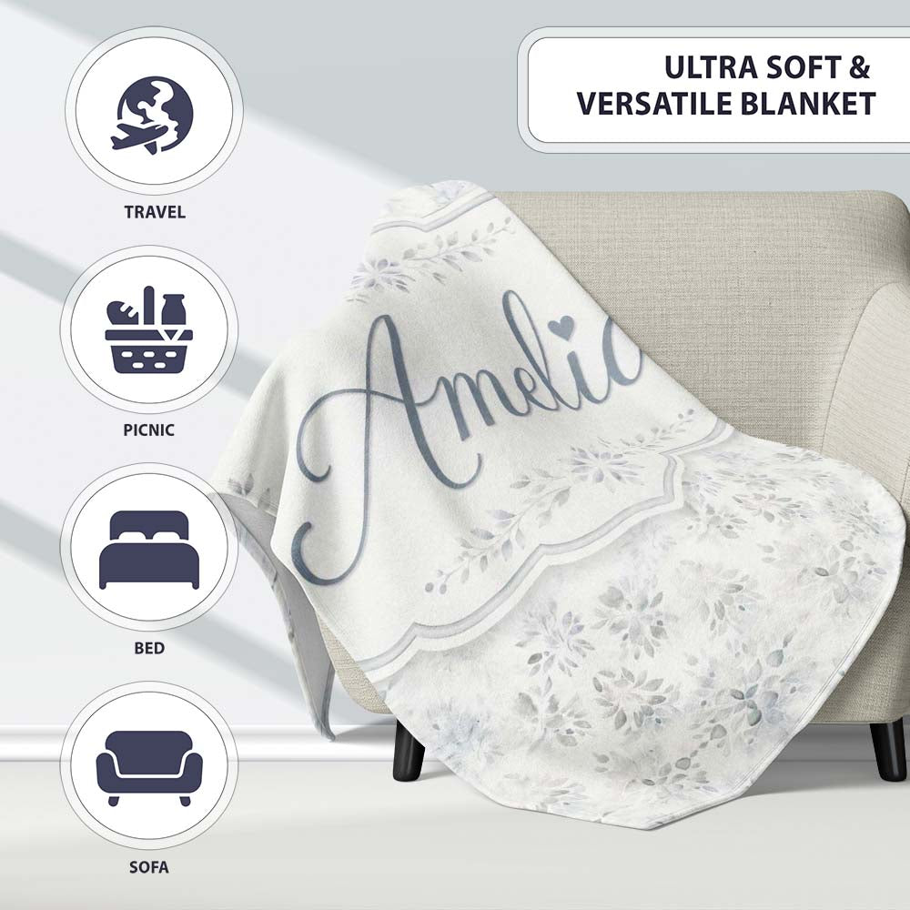 Minimal Soft Grey Botanical Floral Repeat Seamless Pattern Lovely  Personalised Custom Name Super Soft Fleece Blanket Bed Sofa Throw