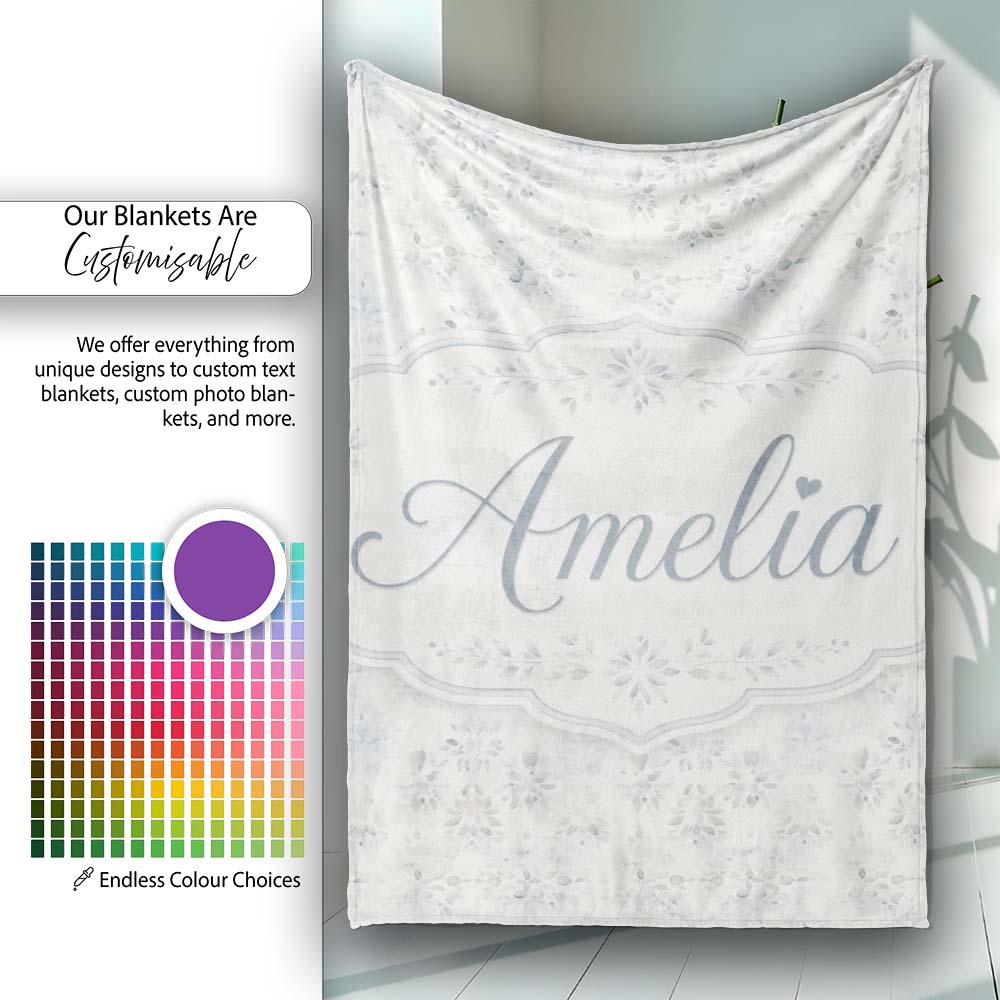 Minimal Soft Grey Botanical Floral Repeat Seamless Pattern Lovely  Personalised Custom Name Super Soft Fleece Blanket Bed Sofa Throw