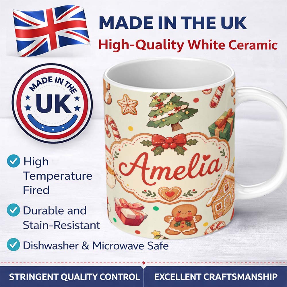 Personalized Custom Name Cute Gingerbread Man Christmas Tree Candy Cane Holiday Beige Lovely 11oz Ceramic Coffee Tea Mug White Large Handle
