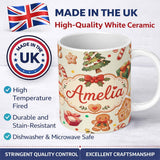 Personalized Custom Name Cute Gingerbread Man Christmas Tree Candy Cane Holiday Beige Lovely 11oz Ceramic Coffee Tea Mug White Large Handle
