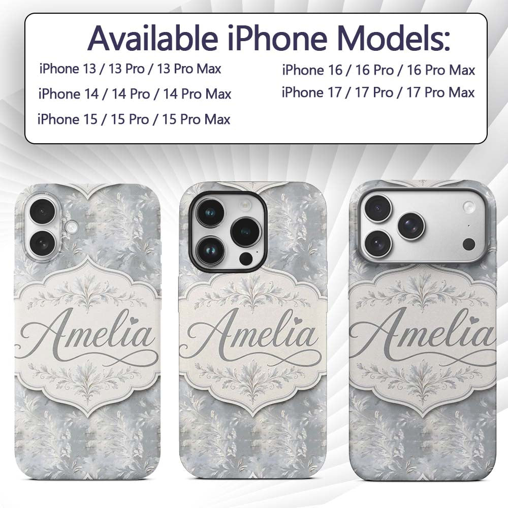 Muted Grey Artistic Leaf Brush Texture Seamless Custom Name Protective Phone Case Mobile Cover Durable Everyday Smartphone Shock Resistant
