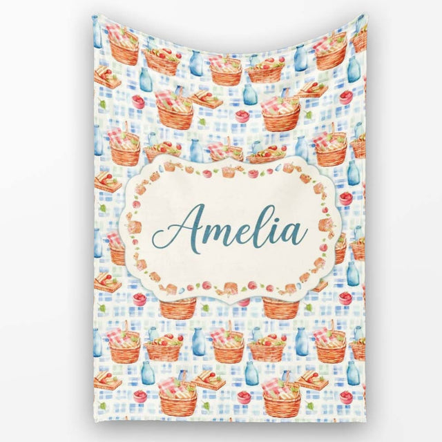 Watercolor Picnic Basket Food and Bottle Seamless Pattern Lovely  Personalised Custom Name Super Soft Fleece Blanket Bed Sofa Throw