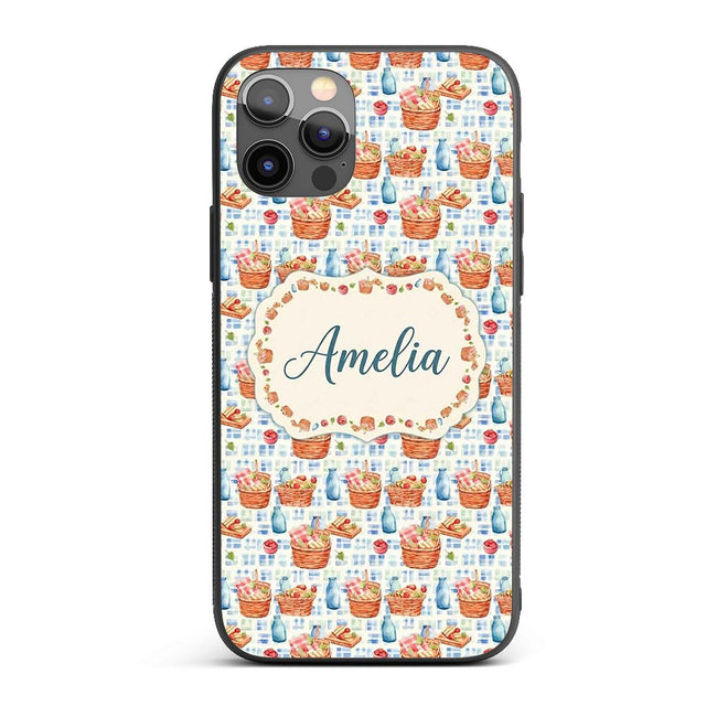 Watercolor Picnic Basket Food and Bottle Seamless Custom Name Protective Phone Case Mobile Cover Durable Everyday Smartphone Shock Resistant