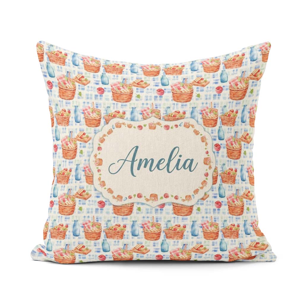 Custom Name Watercolor Picnic Basket and Bottle Seamless Pattern Square Filled Cushion Throw Pillow Sofa Bed Home Decor Zip Washable UK Made