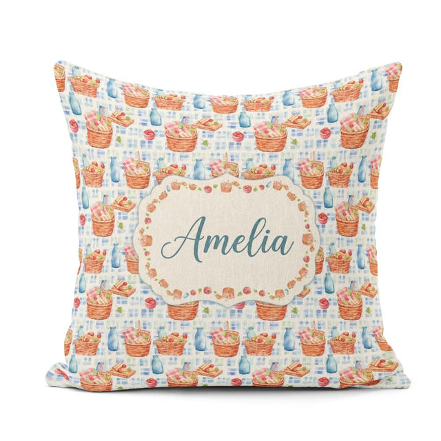 Custom Name Watercolor Picnic Basket and Bottle Seamless Pattern Square Filled Cushion Throw Pillow Sofa Bed Home Decor Zip Washable UK Made