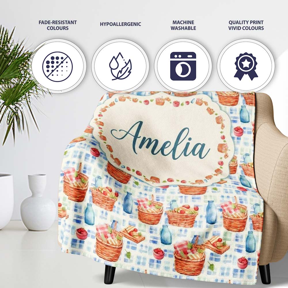 Watercolor Picnic Basket Food and Bottle Seamless Pattern Lovely  Personalised Custom Name Super Soft Fleece Blanket Bed Sofa Throw