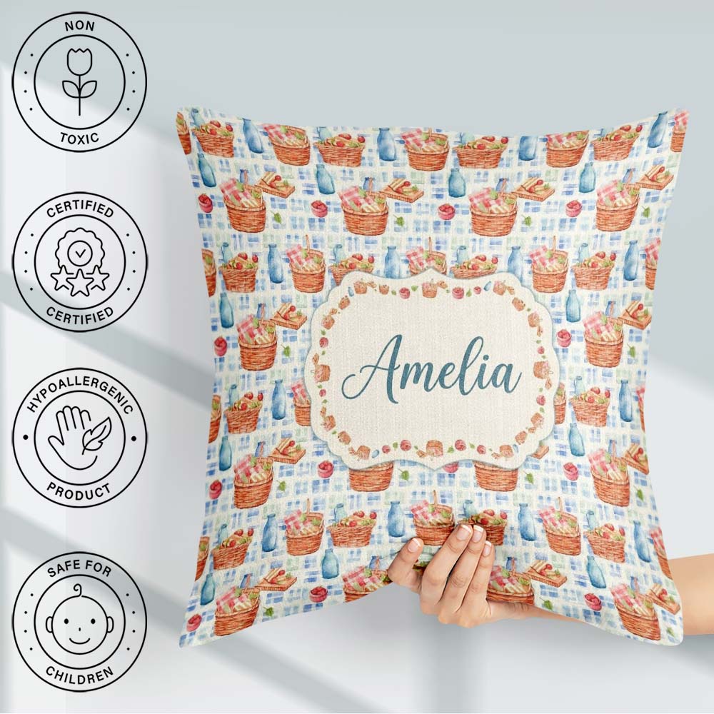 Custom Name Watercolor Picnic Basket and Bottle Seamless Pattern Square Filled Cushion Throw Pillow Sofa Bed Home Decor Zip Washable UK Made