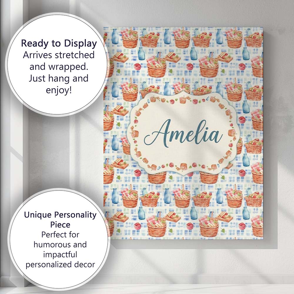 Personalised Name Watercolor Picnic Basket Custom  Unique Gift Idea Elegant Feature Canvas Wall Art Print Decor Picture Ready to Hang