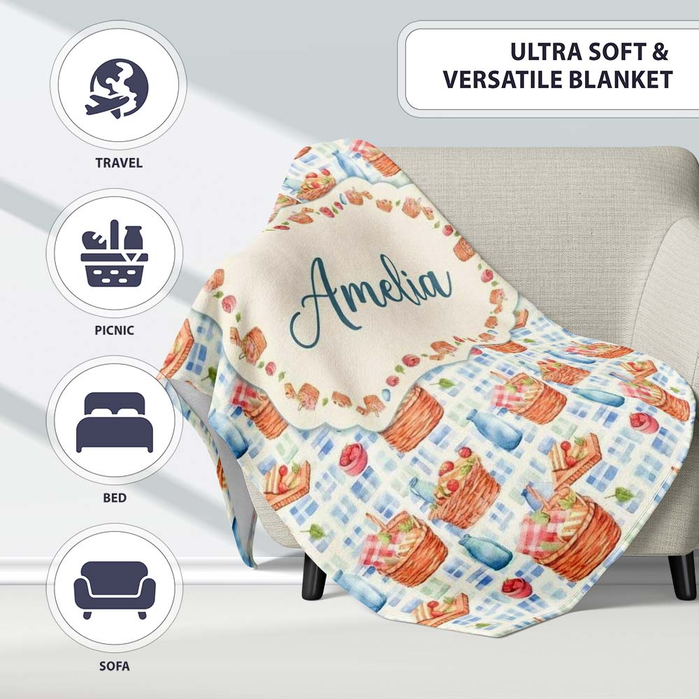 Watercolor Picnic Basket Food and Bottle Seamless Pattern Lovely  Personalised Custom Name Super Soft Fleece Blanket Bed Sofa Throw