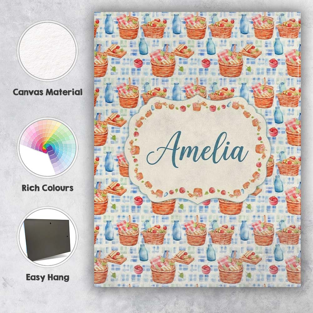 Personalised Name Watercolor Picnic Basket Custom  Unique Gift Idea Elegant Feature Canvas Wall Art Print Decor Picture Ready to Hang