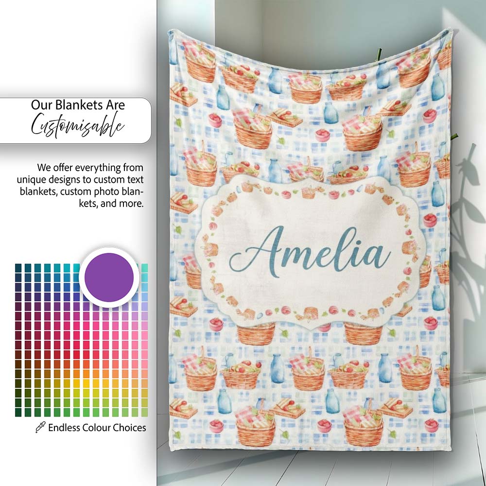 Watercolor Picnic Basket Food and Bottle Seamless Pattern Lovely  Personalised Custom Name Super Soft Fleece Blanket Bed Sofa Throw