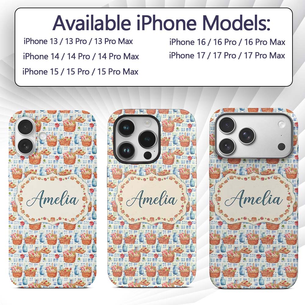 Watercolor Picnic Basket Food and Bottle Seamless Custom Name Protective Phone Case Mobile Cover Durable Everyday Smartphone Shock Resistant