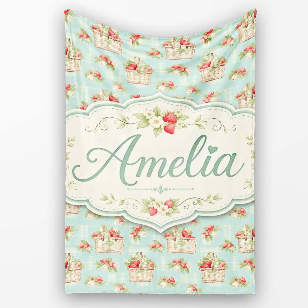 Vintage Strawberry Basket Floral Soft Blue Background Seamless  Personalised Custom Name Super Soft Fleece Blanket Bed Sofa Throw