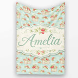 Vintage Strawberry Basket Floral Soft Blue Background Seamless  Personalised Custom Name Super Soft Fleece Blanket Bed Sofa Throw