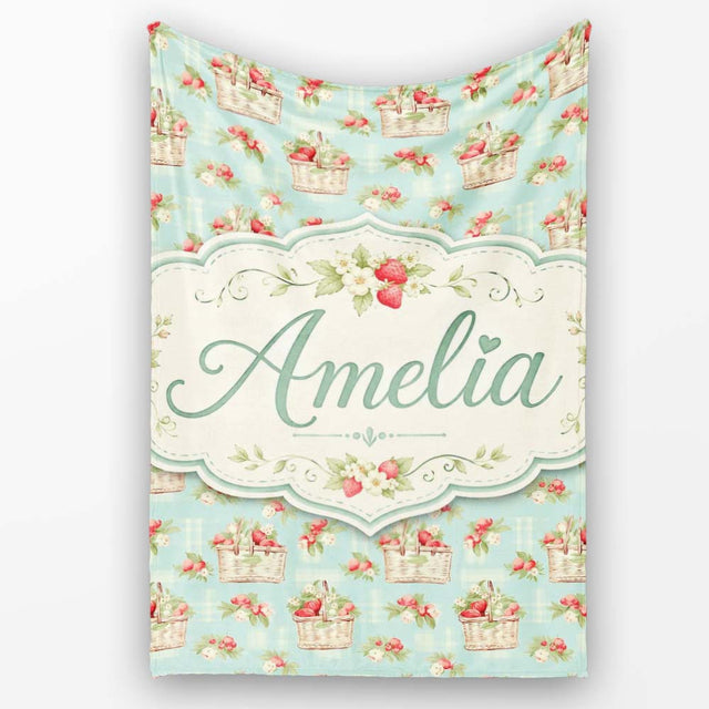 Vintage Strawberry Basket Floral Soft Blue Background Seamless  Personalised Custom Name Super Soft Fleece Blanket Bed Sofa Throw