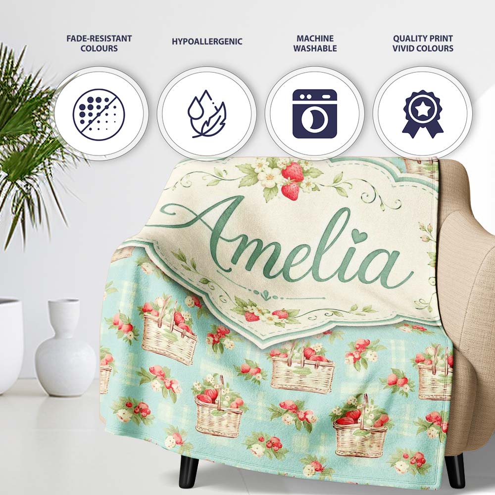 Vintage Strawberry Basket Floral Soft Blue Background Seamless  Personalised Custom Name Super Soft Fleece Blanket Bed Sofa Throw