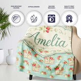 Vintage Strawberry Basket Floral Soft Blue Background Seamless  Personalised Custom Name Super Soft Fleece Blanket Bed Sofa Throw