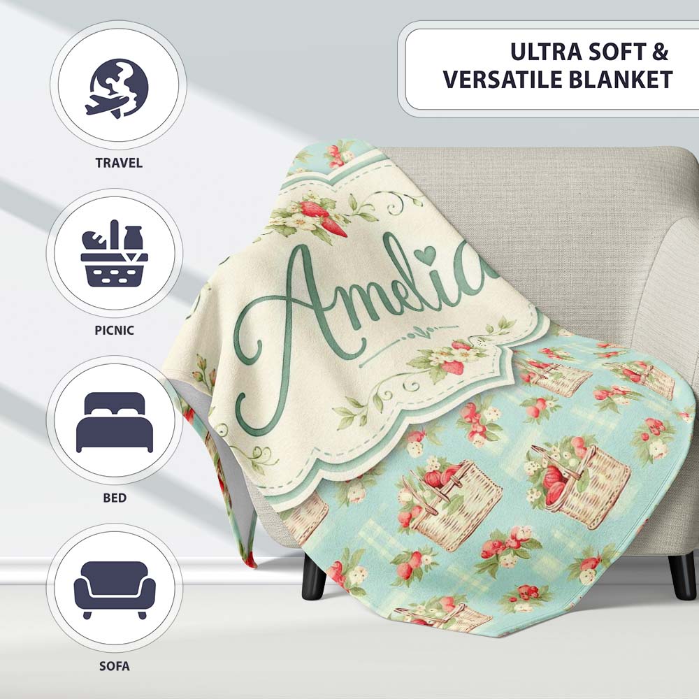 Vintage Strawberry Basket Floral Soft Blue Background Seamless  Personalised Custom Name Super Soft Fleece Blanket Bed Sofa Throw