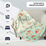 Vintage Strawberry Basket Floral Soft Blue Background Seamless  Personalised Custom Name Super Soft Fleece Blanket Bed Sofa Throw