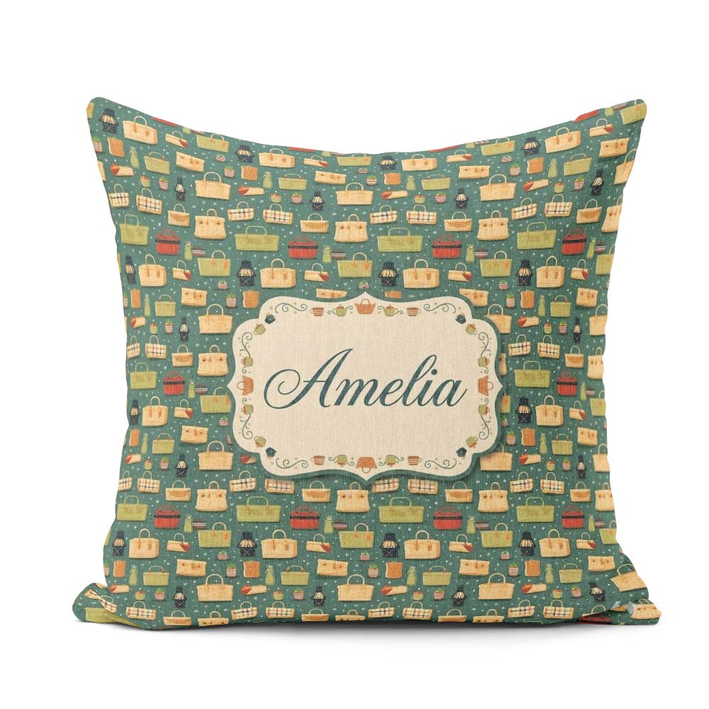Custom Name Picnic Baskets and Camping Items Dark Green Seamless Square Filled Cushion Throw Pillow Sofa Bed Home Decor Zip Washable UK Made