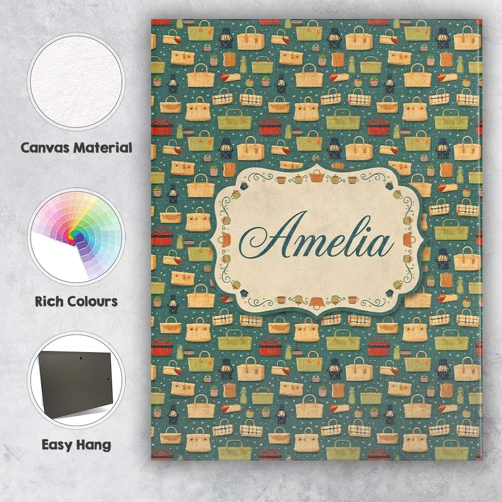 Personalised Name Cute Picnic Baskets and Custom  Unique Gift Idea Elegant Feature Canvas Wall Art Print Decor Picture Ready to Hang