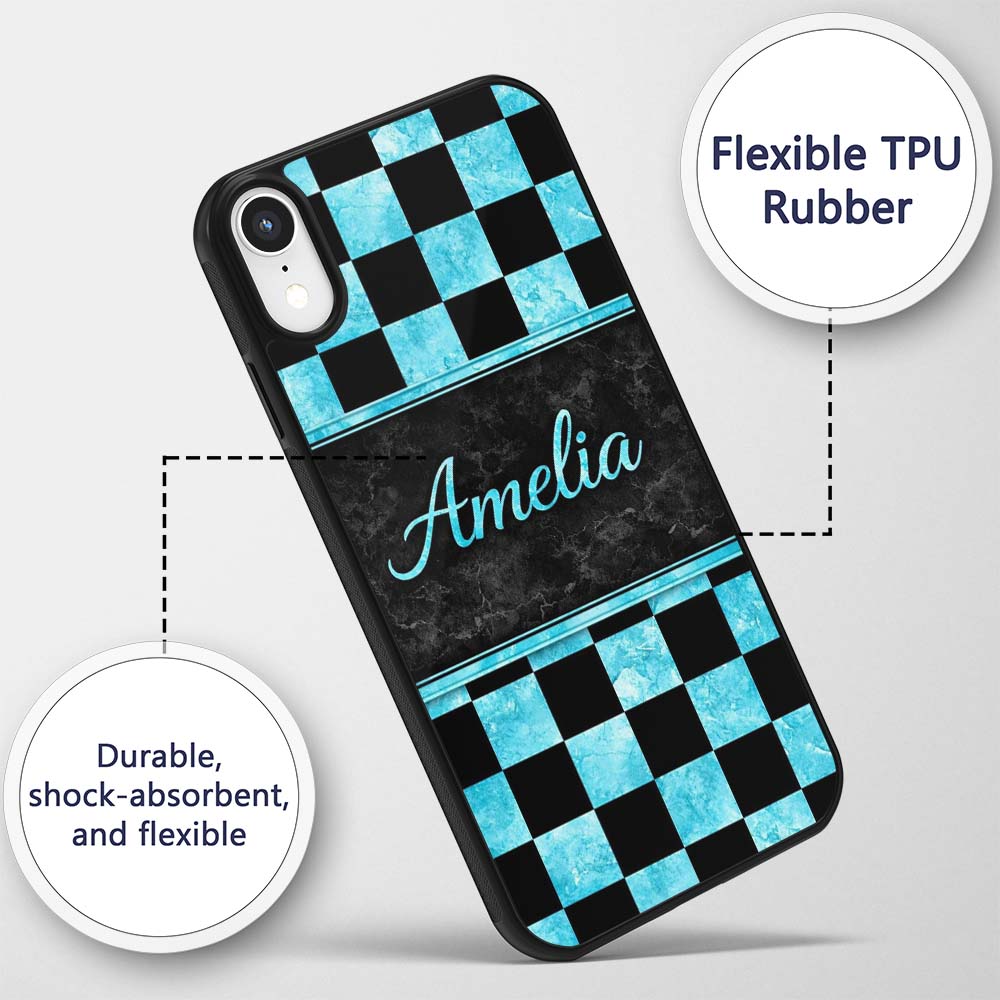 Wavy Checkered Black Teal Abstract Printed Design Custom Name Protective Phone Case Mobile Cover Durable Everyday Smartphone Shock Resistant