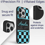 Wavy Checkered Black Teal Abstract Printed Design Custom Name Protective Phone Case Mobile Cover Durable Everyday Smartphone Shock Resistant