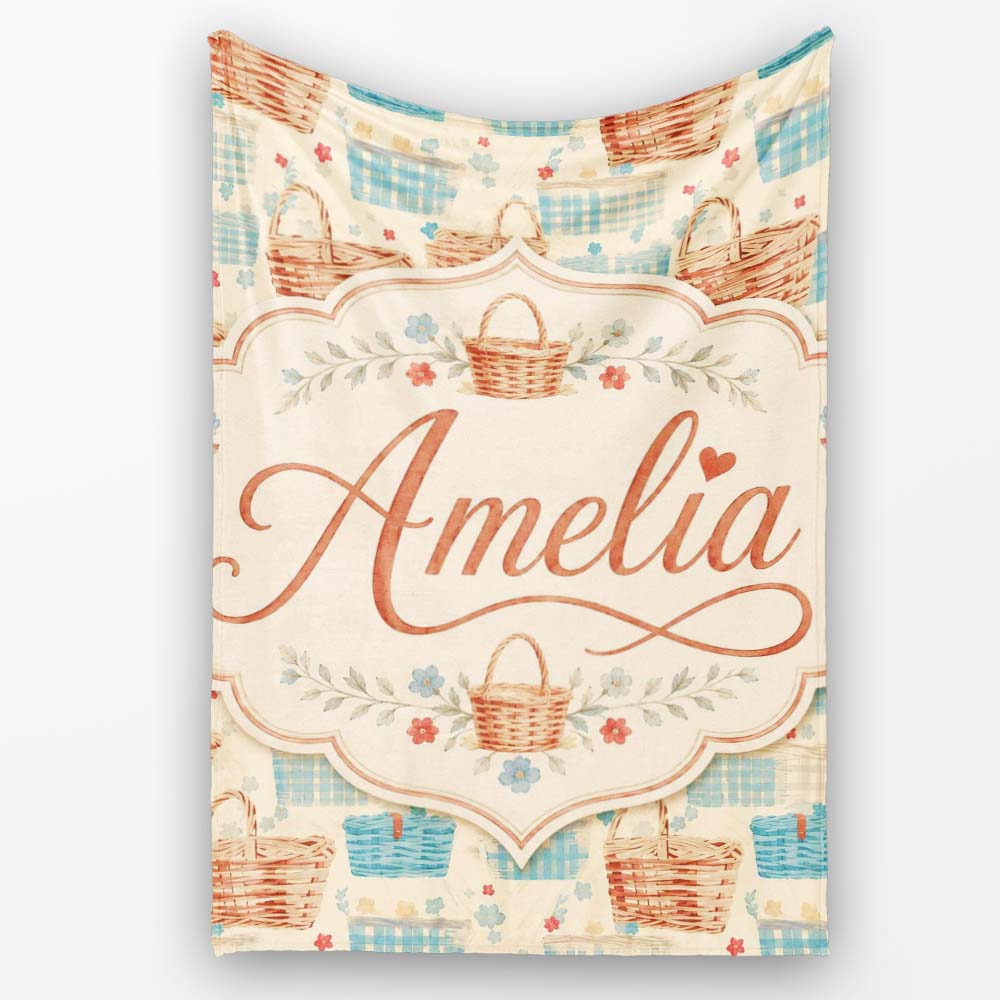 Rustic Picnic Basket and Checkered Cloth Seamless Pattern Lovely  Personalised Custom Name Super Soft Fleece Blanket Bed Sofa Throw