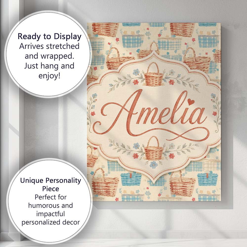 Personalised Name Rustic Picnic Basket and Custom  Unique Gift Idea Elegant Feature Canvas Wall Art Print Decor Picture Ready to Hang