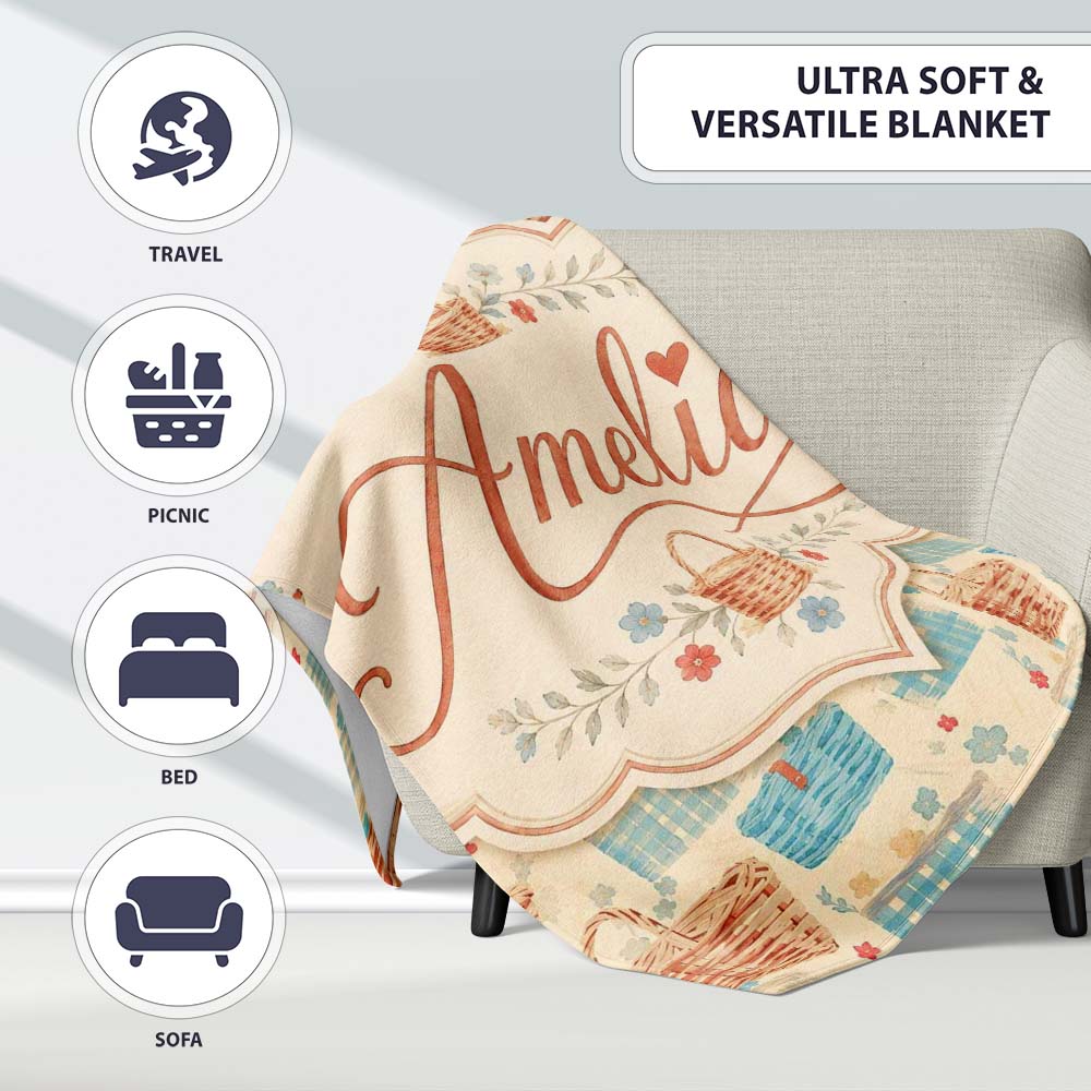 Rustic Picnic Basket and Checkered Cloth Seamless Pattern Lovely  Personalised Custom Name Super Soft Fleece Blanket Bed Sofa Throw