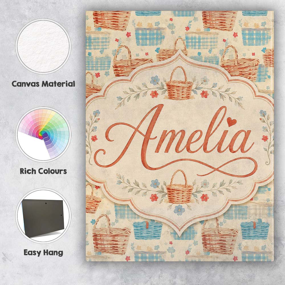 Personalised Name Rustic Picnic Basket and Custom  Unique Gift Idea Elegant Feature Canvas Wall Art Print Decor Picture Ready to Hang