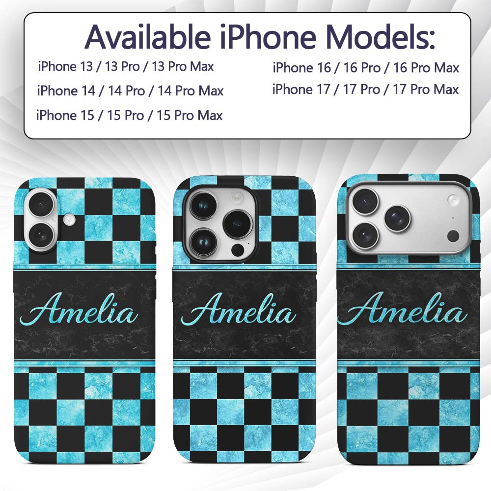 Wavy Checkered Black Teal Abstract Printed Design Custom Name Protective Phone Case Mobile Cover Durable Everyday Smartphone Shock Resistant
