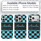 Wavy Checkered Black Teal Abstract Printed Design Custom Name Protective Phone Case Mobile Cover Durable Everyday Smartphone Shock Resistant