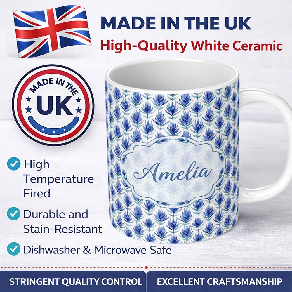 Personalized Custom Name Delicate Blue Leaf Watercolor Botanical Seamless Pattern Lovely 11oz Ceramic Coffee Tea Mug White Large Handle