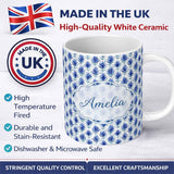 Personalized Custom Name Delicate Blue Leaf Watercolor Botanical Seamless Pattern Lovely 11oz Ceramic Coffee Tea Mug White Large Handle