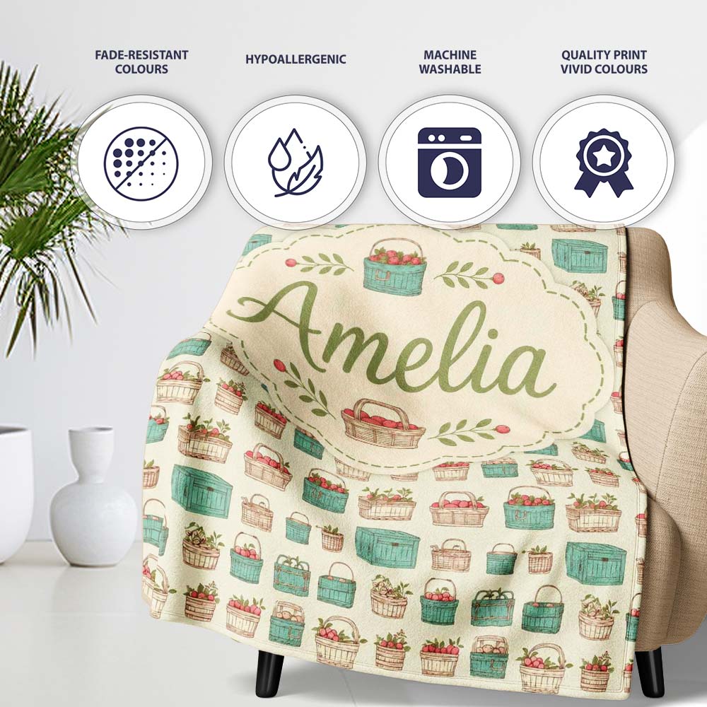 Farm Fresh Fruit Baskets and Crates Seamless Pattern Lovely  Personalised Custom Name Super Soft Fleece Blanket Bed Sofa Throw