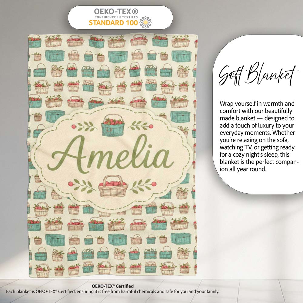 Farm Fresh Fruit Baskets and Crates Seamless Pattern Lovely  Personalised Custom Name Super Soft Fleece Blanket Bed Sofa Throw