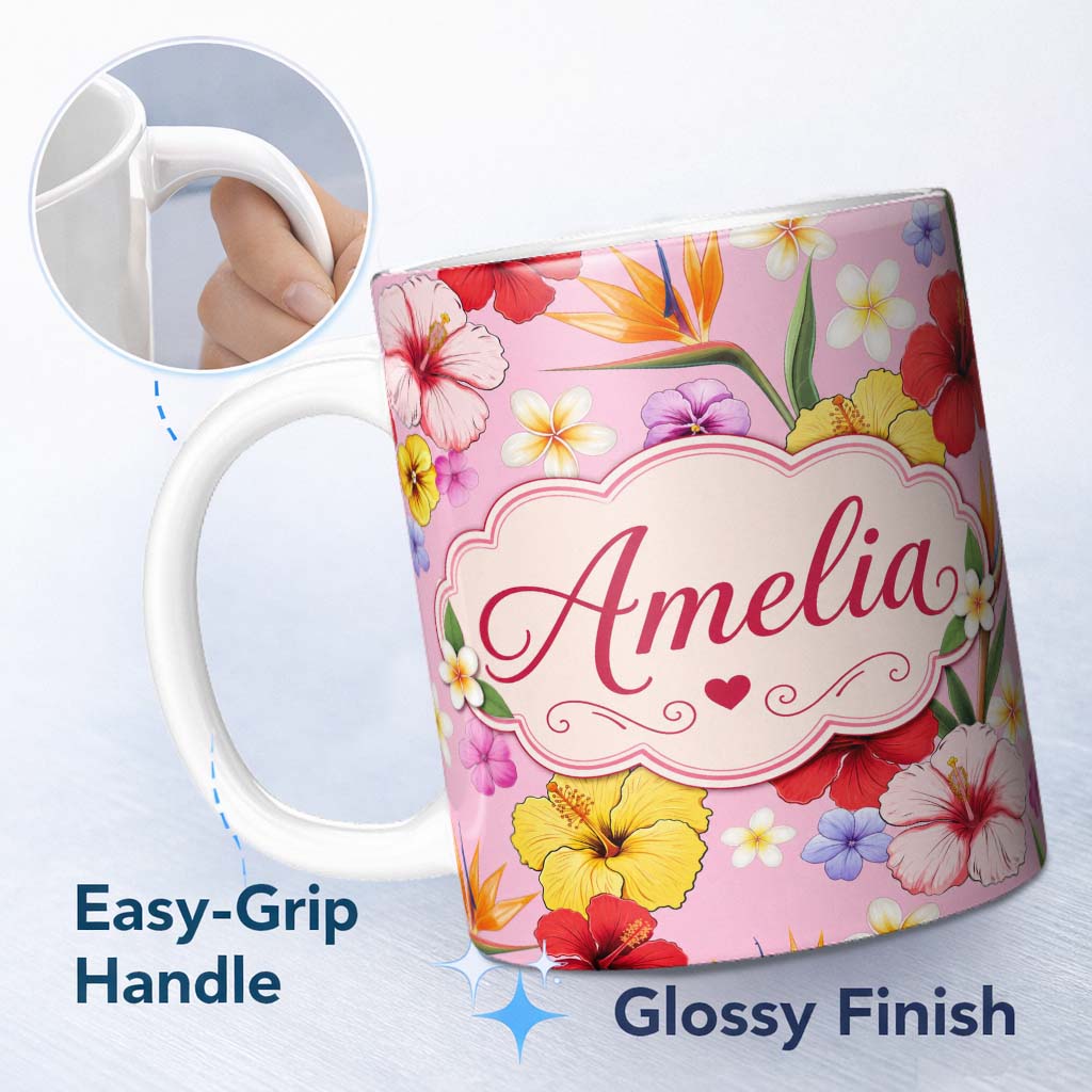 Personalized Custom Name Tropical Hibiscus Bird of Paradise Seamless Pattern Blush Background 11oz Ceramic Coffee Tea Mug White Large Handle