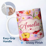 Personalized Custom Name Tropical Hibiscus Bird of Paradise Seamless Pattern Blush Background 11oz Ceramic Coffee Tea Mug White Large Handle