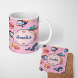 Personalized Custom Name Kids Scuba Divers Submarine Jellyfish Ocean Animals Rose Pink Lovely 11oz Ceramic Coffee Tea Mug White Large Handle