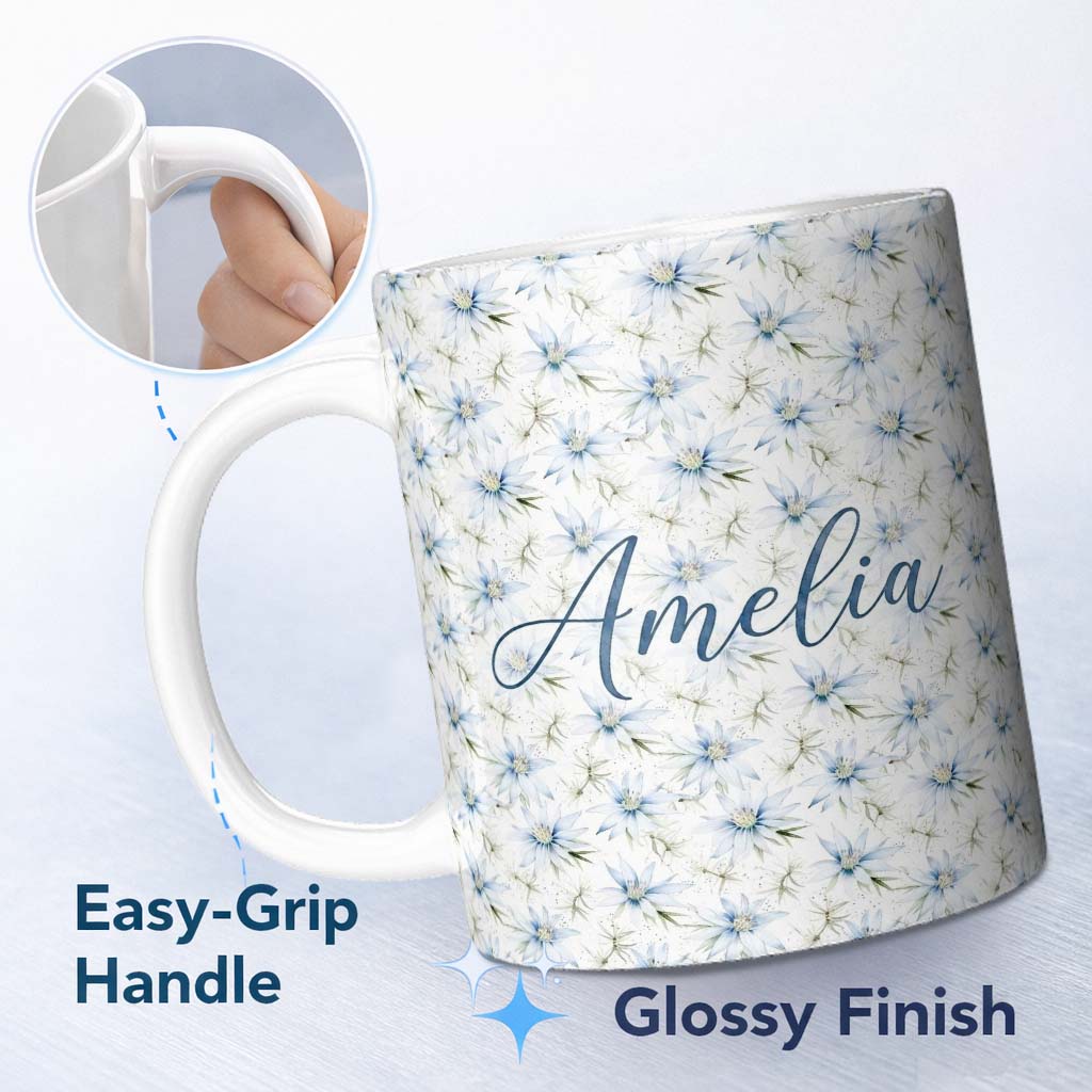 Personalized Custom Name Soft Blue Floral with Fine Botanical Detail Seamless Pattern Lovely 11oz Ceramic Coffee Tea Mug White Large Handle