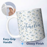 Personalized Custom Name Soft Blue Floral with Fine Botanical Detail Seamless Pattern Lovely 11oz Ceramic Coffee Tea Mug White Large Handle