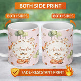 Personalized Custom Name Watercolor Woodland Fox Mushroom Autumn on Dusty Pink Background 11oz Ceramic Coffee Tea Mug White Large Handle