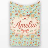 Cute Picnic Food and Basket Elements Soft Blue Seamless Pattern  Personalised Custom Name Super Soft Fleece Blanket Bed Sofa Throw