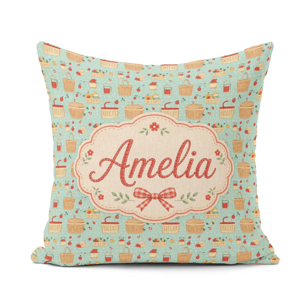 Custom Name Picnic Food and Elements Soft Blue Seamless Pattern Square Filled Cushion Throw Pillow Sofa Bed Home Decor Zip Washable UK Made