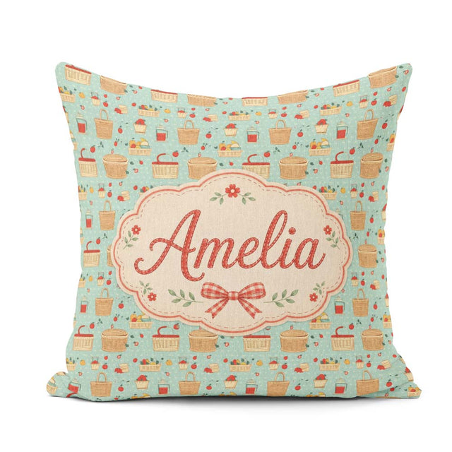 Custom Name Picnic Food and Elements Soft Blue Seamless Pattern Square Filled Cushion Throw Pillow Sofa Bed Home Decor Zip Washable UK Made